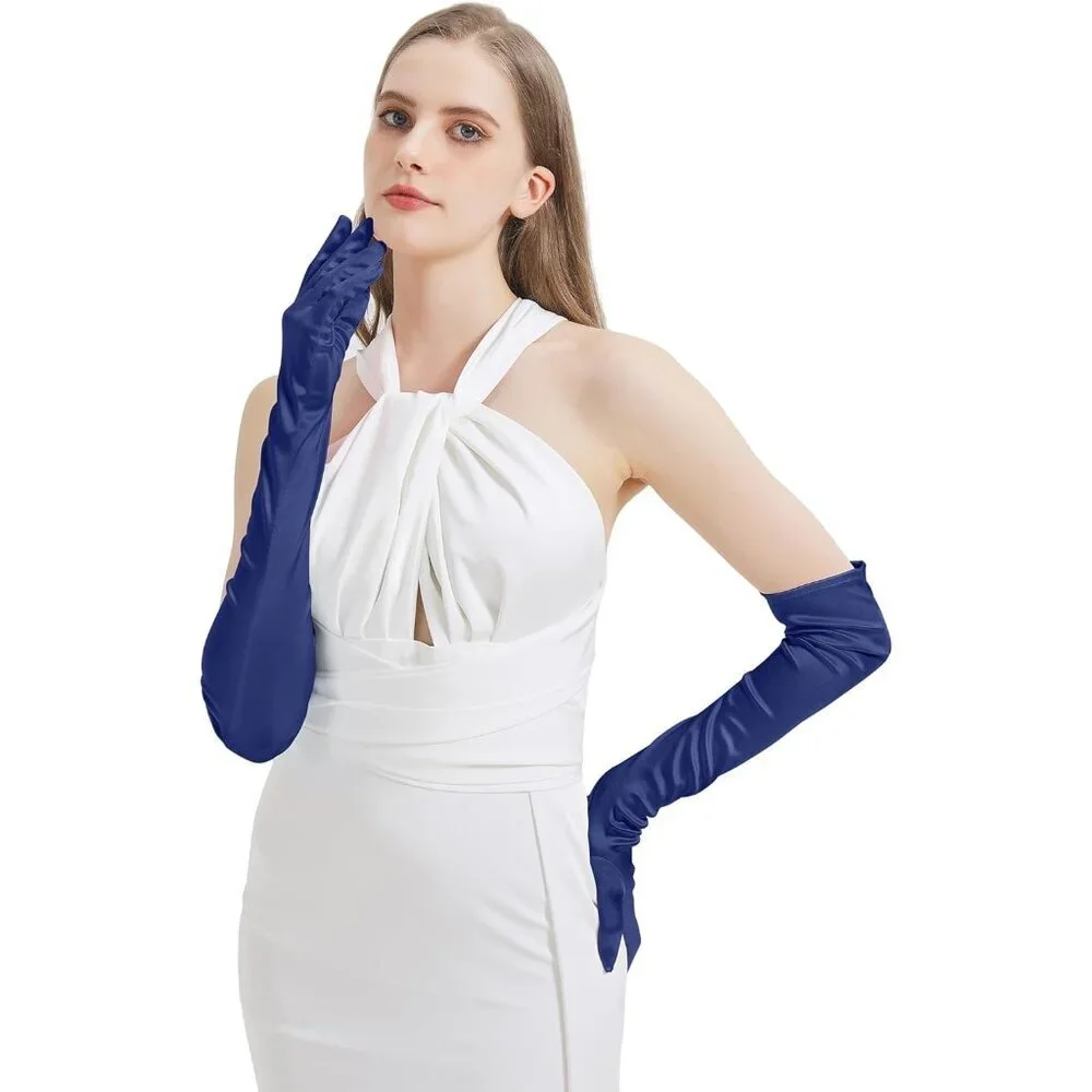 Women's Navy Blue Imported Satin Elbow Length Halloween Cosplay Opera Gloves